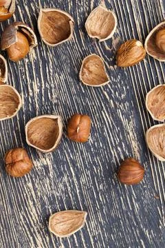 Split hazelnuts on the table 写真素材