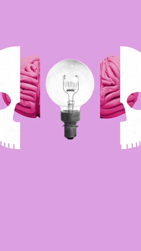 Split identity. Male head opens revealing skull, brain and glowing lightbulb 動画素材 305041368