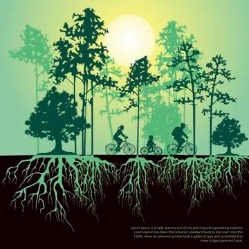Split illustration with trees and roots. Family riding bicycles Stock Illustration