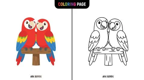 A split image showing a colored cartoon macaw and a line art macaw for a colo Illustration