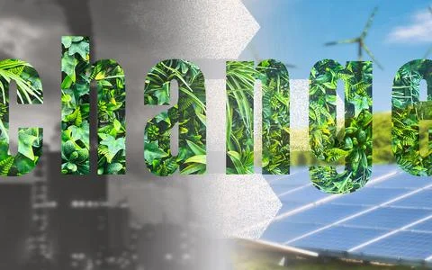 Split image showing pollution and industry contrasted with clean energy and.. Stock Photos