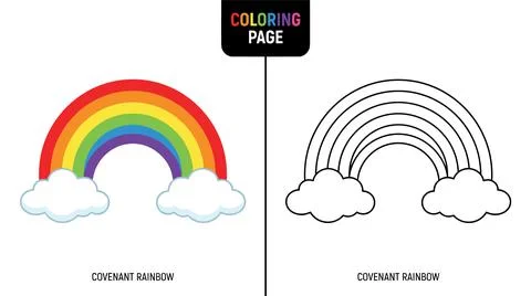 A split image shows a colored rainbow with clouds and a black and white outli Ilustración de archivo