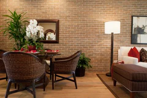 Split-level open plan dining room and sitting area at home Stock Photos