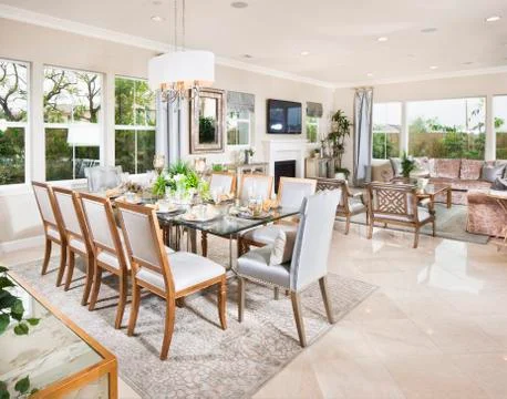 Split-level open plan dining room and sitting area at home Foto stock