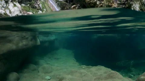Split Level Underwater Perspective of Waterfall Flowing into Clear River Pool Video stock 325771100