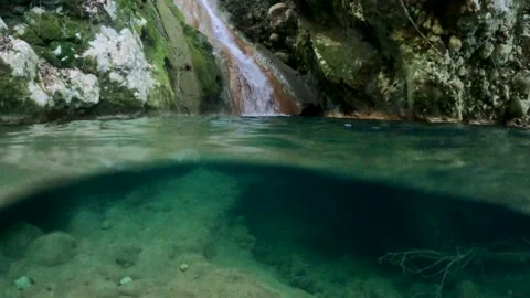 Split Level Underwater Shot of Waterfall and Deep Green Pool in Kiprianades Video stock 325771064
