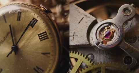 Split Multi Screen Collage of Antique Pocket Watch and Intricate Watch Mechanism Stock Footage 317840211