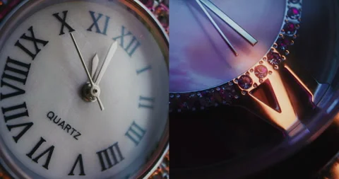 Split Multi Screen Collage of Decorative Clocks with Ornate Jeweled Frame Stock Footage 317839636
