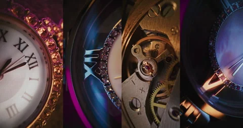 Split Multi Screen Collage of Decorative Clocks with Ornate Jeweled Frames and Stock Footage 317839772