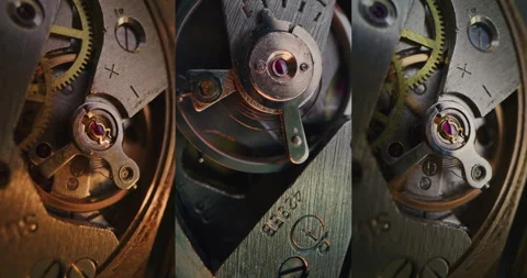 Split Multi Screen Collage of Mechanical Clocks Movement Showing Gears, Wheels Stock Footage 317839139