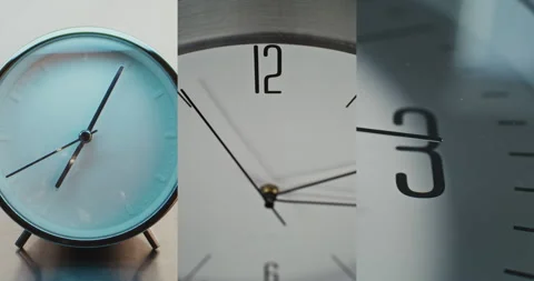 Split Multi Screen Collage of Minimalist Round Clock and Close Up with Moving Stock Footage 317838589