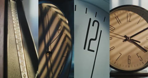 Split Multi Screen Collage of Minimalist Wall Clocks and Classic Wooden Stock Footage 317838851