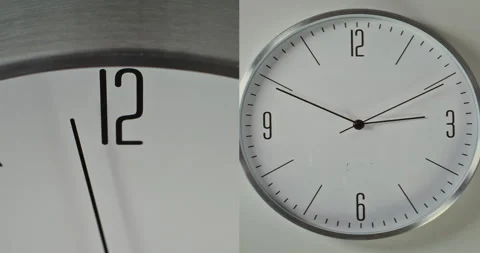 Split Multi Screen Collage of Minimalist Wall Clocks with Dial Hanging on the Stock Footage 317839579