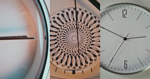 Split Multi Screen Collage of Minimalist Round Clock and Clock Dial with Stock Footage 317839686