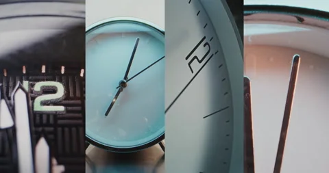 Split Multi Screen Collage of Minimalist Round Clocks and Close Up with Wrist Stock Footage 317839732