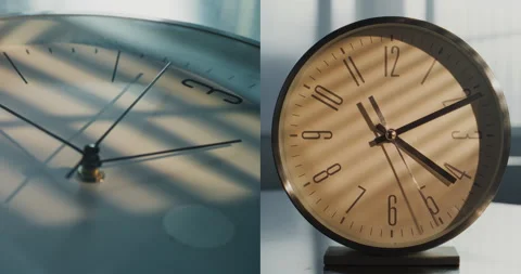 Split Multi Screen Collage of Minimalist Wall Clock with Dial and Running Hour Stock Footage 317839997
