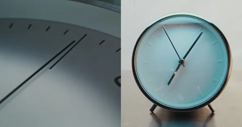 Split Multi Screen Collage of Minimalist Round Clock and Close Up with Moving Stock Footage 317840083