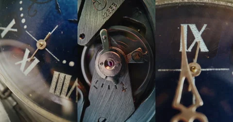 Split Multi Screen Collage of Vintage Pocket Watch and Intricate Watch Mechanism Stock Footage 317839256