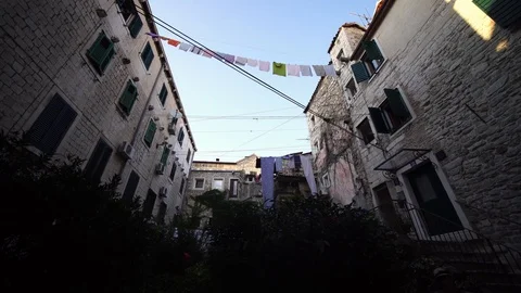 Split Old Town, Croatia. Laundry line between homes. Travel destination Europe Stock Footage 126554118