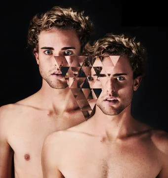 Split personality. Double image of a man with a pixelated triangle in the middle 스톡 사진