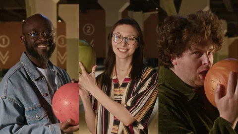 Split Portrait of Smiling Multiethnic Friends Holding Bowling Balls Stock Footage 337104438