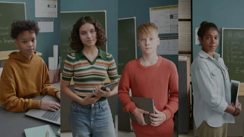 Split Portraits of Diverse School Students with Computers at Coding Class Stock Footage 318720097