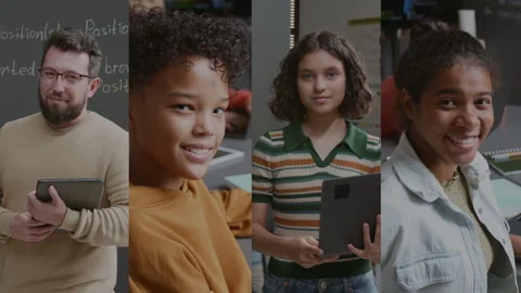 Split Portraits of Happy Male Coding Teacher and Diverse Students with Gadgets Stock Footage 318720493