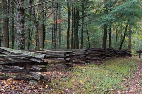 Split rail fence view from side with forest behind on a wet fall day Stock Photos