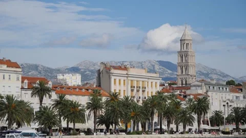 Split Riva boardwalk with domnius bell tower and mountain in background. Stock Footage 169584933