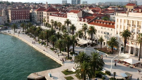 Split Riva Waterfront Walkway In Croatia - aerial drone shot Stock Footage 163539467