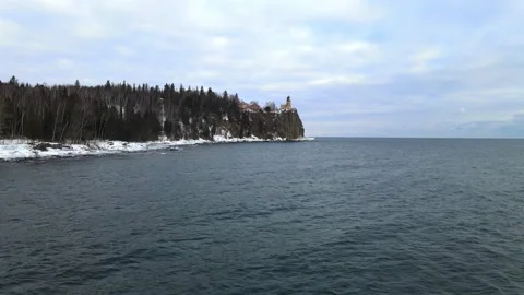 Split rock light house North Shore Minnesota winter landscape Video stock 170053986