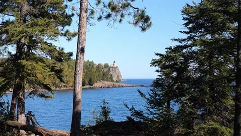 Split Rock Ligthhouse and Lake Superior in Minnesota seen between trees. Stock Footage 165467085