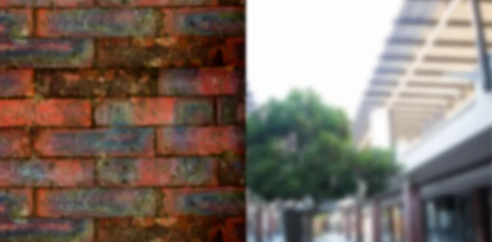 Split scene is showing flat design, featuring red brick wall and covered walkway Foto stock