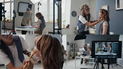 Split Screen of Actress on Set Talking to Film Director and Getting Make-Up Done 스톡 동영상 305030395