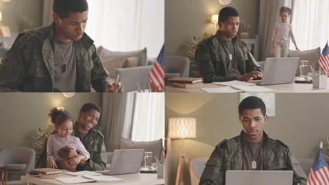 Split Screen of African American Soldier and Father Working from Home Video stock 285123012