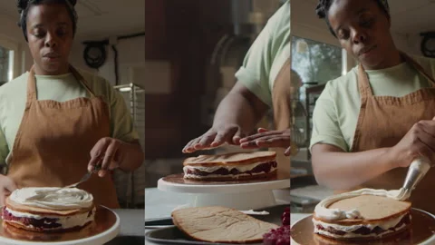 Split Screen of Baker Layering Creamy Raspberry Cake Stock Footage 297956069
