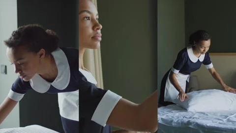 Split Screen of Biracial Maid Cleaning Hotel Room Stock Footage 308409228