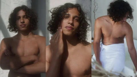 Split Screen of Biracial Shirtless Young Man Doing Morning Routine in Bathroom 動画素材 300107626