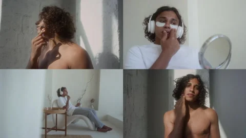 Split Screen of Biracial Young Man Taking Care of Face Skin in Bathroom Stock Footage 300107577