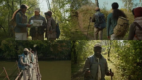 Split Screen of Black Family Using Map, Going along Footbridge during Hike Stock Footage 301761430