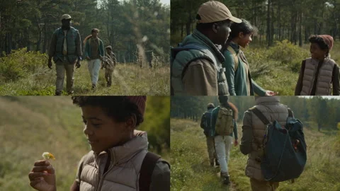 Split Screen of Black Family Walking down Path while Hiking in Early Autumn Stock Footage 301761047