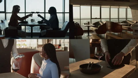 Split Screen of Black Female Guest Paying for Dinner in Restaurant Stock Footage 309171654