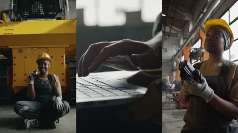 Split Screen of Black Female Mechanic at Work in Industrial Plant Stock Footage 279584892