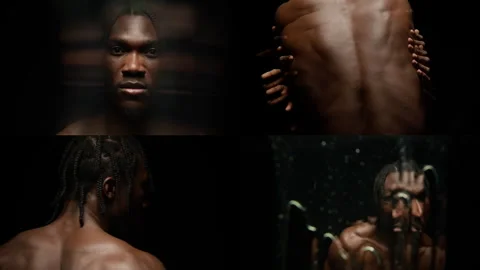 Split Screen of Black Male Models Dramatic Portraits on Deep Dark Background Stock Footage 298776599