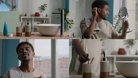 Split Screen of Black Man Performing Grooming Rituals in Sleek Bathroom Stock Footage 291290927