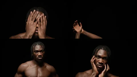 Split Screen of Black Mans Dramatic Portraits on Black Background Stock Footage 298557865