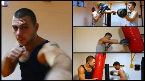 Split screen of boxing exercises in the gym. Stock Footage 85771405