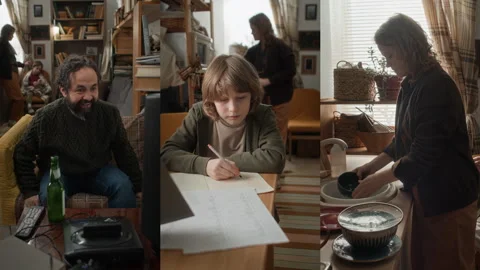 Split Screen of Boy Studying, Woman Washing Dishes, Man Drinking Watching TV Stock Footage 333732774