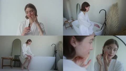 Split Screen of Brunette Girl Doing Morning Skincare Routine in Bathroom Stock Footage 300108200