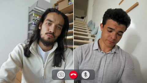 Split screen call with man looking bored at home during online chat Video stock 326949376
